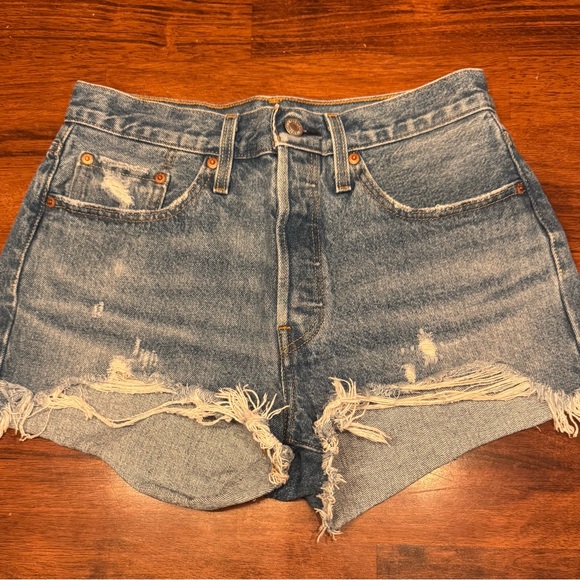 Levi's 501 Blue Distressed Jean Shorts - Picture 2 of 6